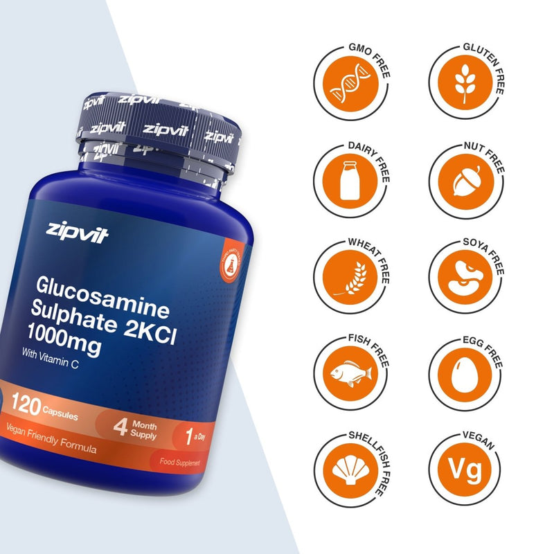 A blue bottle of zipvit Glucosamine Sulphate 2KCl 1000mg capsules shown on a white background with a diagonal gray stripe, alongside ten orange circular badges highlighting product attributes like GMO Free, Gluten Free, Dairy Free, Nut Free, Wheat Free, Soya Free, Fish Free, Egg Free, Shell Fish Free, and Vegan.