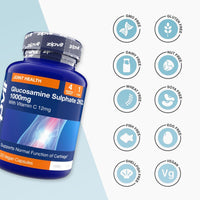 Blue Glucosamine Sulphate 1000mg bottle labeled Joint Health beside a grid of ten free-from icons including GMO FREE and VEGAN