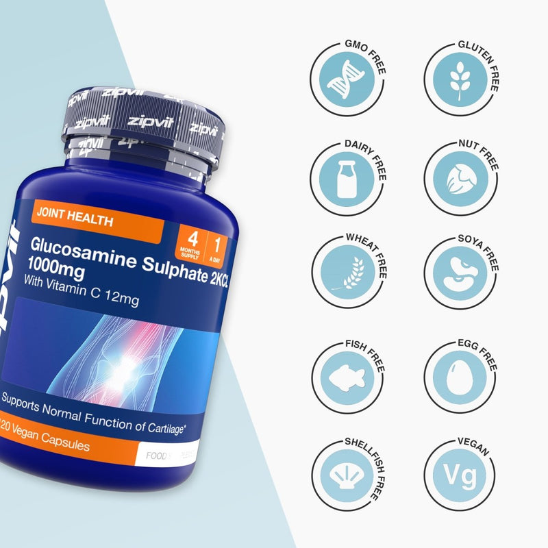 Blue Glucosamine Sulphate 1000mg bottle labeled Joint Health beside a grid of ten free-from icons including GMO FREE and VEGAN