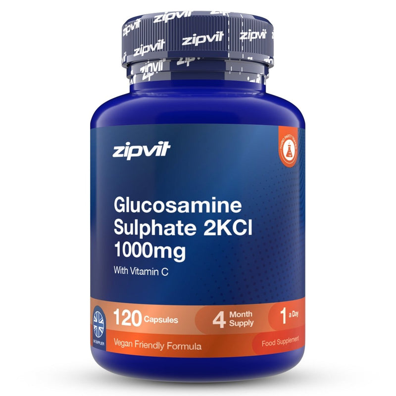A blue plastic bottle of zipvit Glucosamine Sulphate 2KCl 1000mg capsules, featuring a dark blue label with white text and orange accents, on a white background.