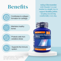 Benefits infographic for Glucosamine Sulphate 1000mg capsules showing collagen formation for cartilage, healthy bones, protection from oxidative stress, and immune support beside the bottle