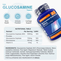 Daily Glucosamine Support panel with three icons for Bone Health Immune Function Cartilage Support and the bottle angled on the right with a nutrition table