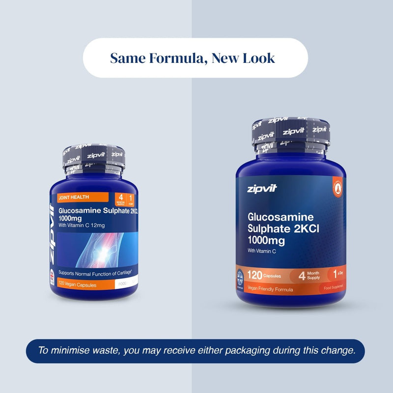 Two blue supplement bottles of zipvit Glucosamine Sulphate 2KCl 1000mg, shown side by side on a split light gray background with the headline 'Same Formula, New Look' and a note about minimizing waste.