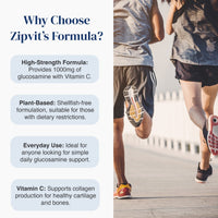 Promotional graphic for Zipvit's Formula featuring text callouts on the left and a lifestyle photo of two people jogging on a boardwalk on the right. The text highlights extra strength formula, plant-based shellfish-free formulation, lifestyle support, and vitamin C benefits.