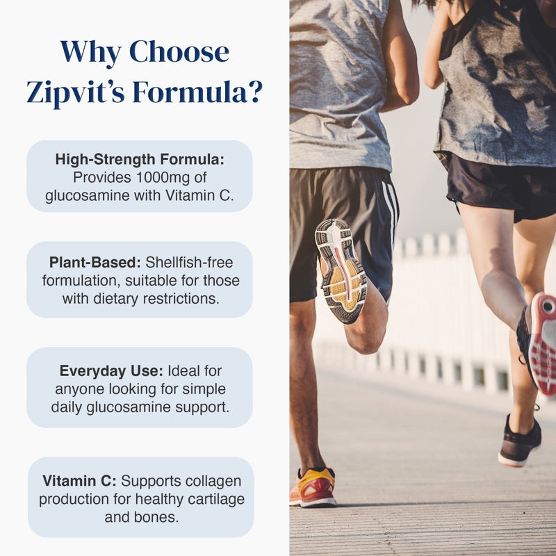 Promotional graphic for Zipvit's Formula featuring text callouts on the left and a lifestyle photo of two people jogging on a boardwalk on the right. The text highlights extra strength formula, plant-based shellfish-free formulation, lifestyle support, and vitamin C benefits.