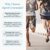 Glucosamine product page with rounded light blue benefit cards on the left and runners in motion on the right.