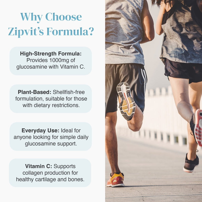 Glucosamine product page with rounded light blue benefit cards on the left and runners in motion on the right.