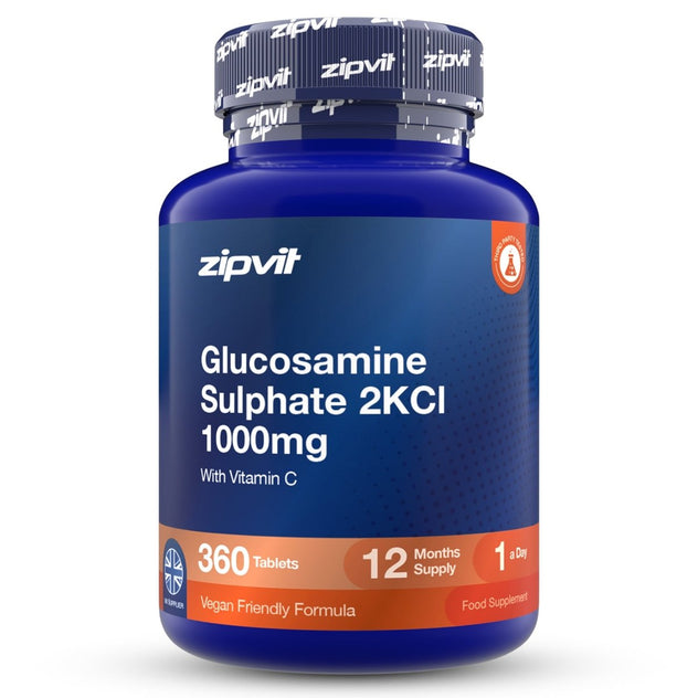 A blue plastic bottle of zipvit Glucosamine Sulphate 2KCl 1500mg dietary supplement, featuring a dark blue cap with white zipvit branding and orange accents on the label.