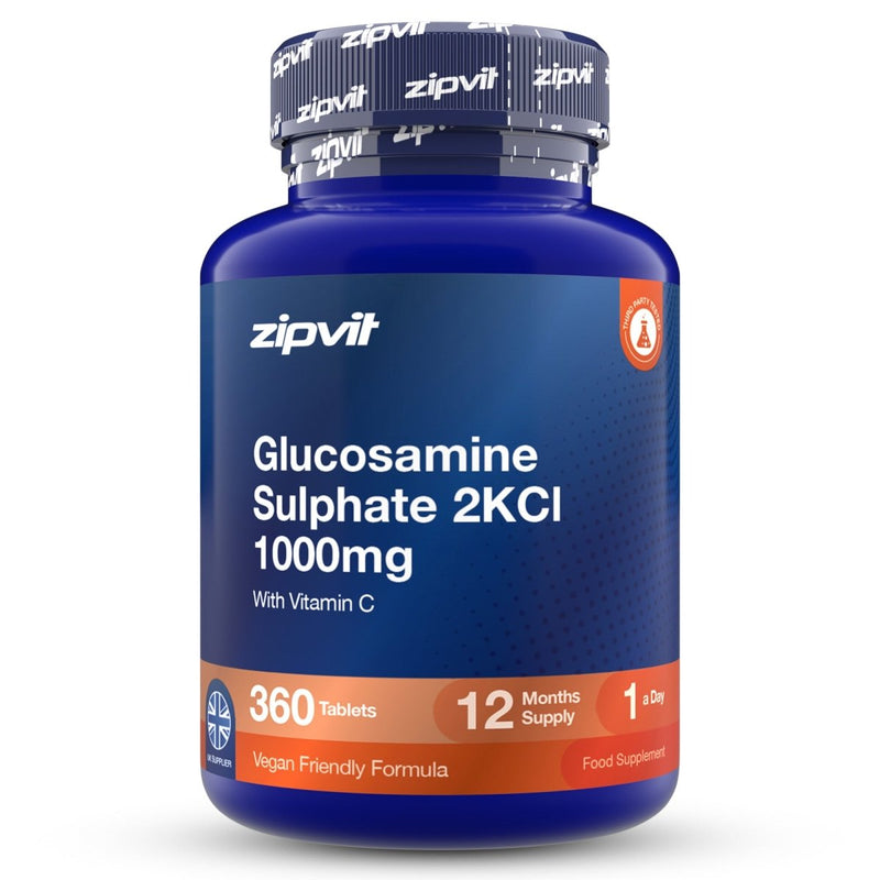 A blue plastic bottle of zipvit Glucosamine Sulphate 2KCl 1500mg dietary supplement, featuring a dark blue cap with white zipvit branding and orange accents on the label.