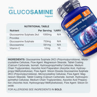 Blue Glucosamine Sulphate 1000mg bottle tilted beside a nutrition table and ingredients panel.