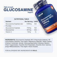 A bottle of zipvit Glucosamine Sulphate 2KCl 1000mg dietary supplement shown alongside a nutritional facts table and ingredients list on a light gray background.