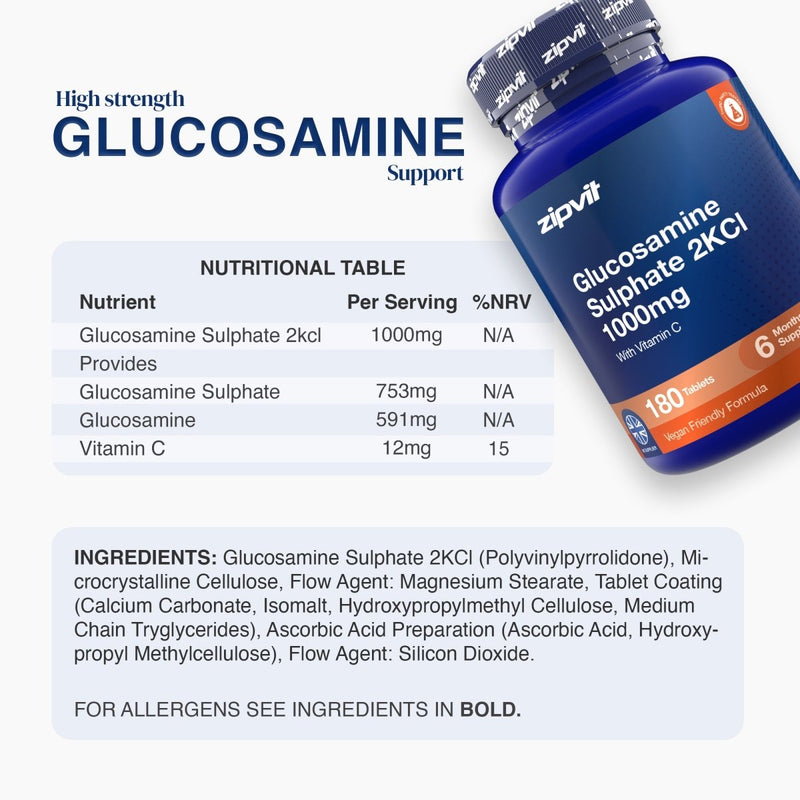 A bottle of zipvit Glucosamine Sulphate 2KCl 1000mg dietary supplement shown alongside a nutritional facts table and ingredients list on a light gray background.
