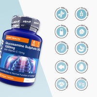 Blue Glucosamine Sulphate 1000mg bottle with a column of circular free from icons on the right.