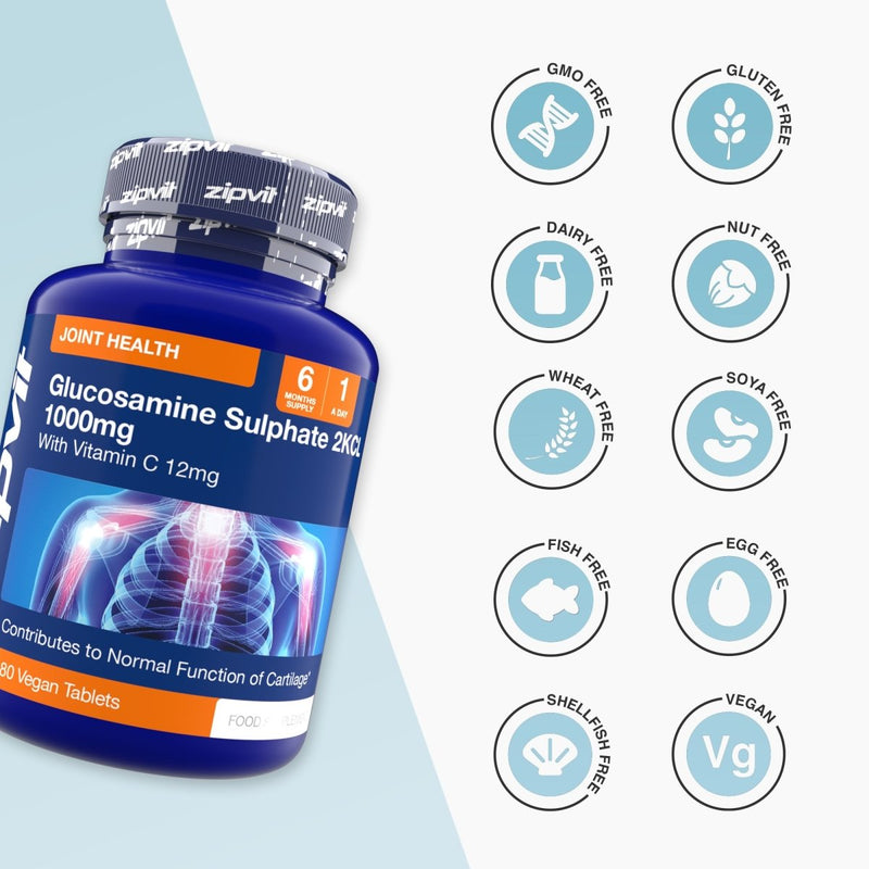 Blue Glucosamine Sulphate 1000mg bottle with a column of circular free from icons on the right.