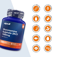 A blue bottle of zipvit Glucosamine Sulphate 2KCl 1500mg tablets shown on a white background with a column of orange circular icons indicating dietary features like GMO Free, Gluten Free, Dairy Free, Nut Free, Wheat Free, Soya Free, Fish Free, Egg Free, Shell Fish Free, and Vegan.