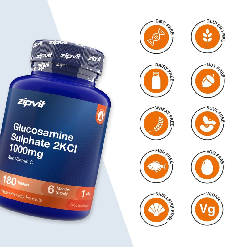 A blue bottle of zipvit Glucosamine Sulphate 2KCl 1500mg tablets shown on a white background with a column of orange circular icons indicating dietary features like GMO Free, Gluten Free, Dairy Free, Nut Free, Wheat Free, Soya Free, Fish Free, Egg Free, Shell Fish Free, and Vegan.