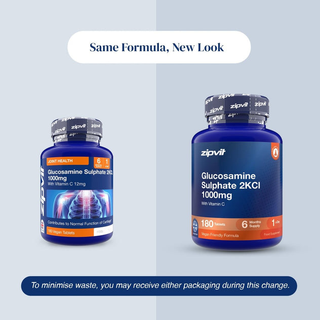 Two blue supplement bottles of zipvit Glucosamine Sulphate 2KCl 1000mg are shown side by side on a light gray background with text reading 'Same Formula, New Look' and a warning about minimizing waste if receiving either packaging.