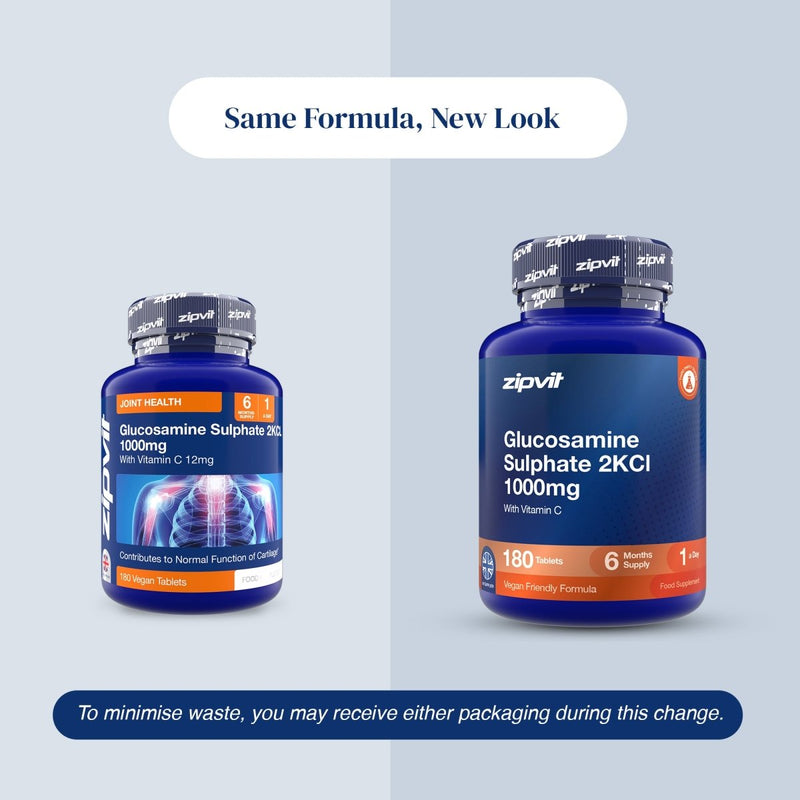Two blue supplement bottles of zipvit Glucosamine Sulphate 2KCl 1000mg are shown side by side on a light gray background with text reading 'Same Formula, New Look' and a warning about minimizing waste if receiving either packaging.