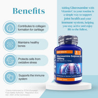 Benefits infographic with a glucosamine bottle on the right and listed joint health advantages on the left