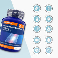 Glucosamine Sulphate 1500mg bottle with vitamin C shown beside eight allergy free icons on the right