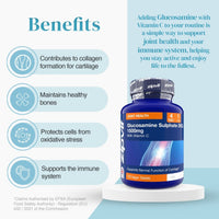 Blue bottle of Glucosamine Sulphate 1500mg with Vitamin C beside a pale blue benefits panel in a promotional layout.