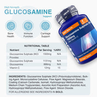 Glucosamine Sulphate 1500mg bottle with vitamin C and three circular joint health icons on a light background