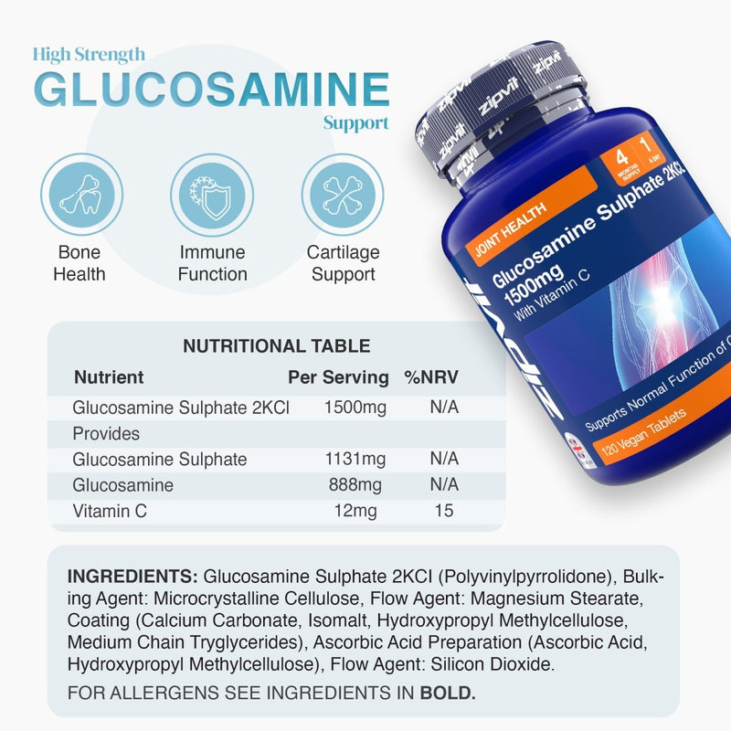 Glucosamine Sulphate 1500mg bottle with vitamin C and three circular joint health icons on a light background