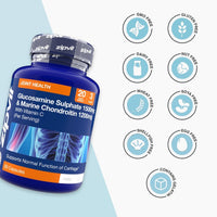 Diagonal blue bottle of Glucosamine Sulphate 1500mg and Marine Chondroitin 1200mg with GMO free gluten free dairy free nut free icons to the right.