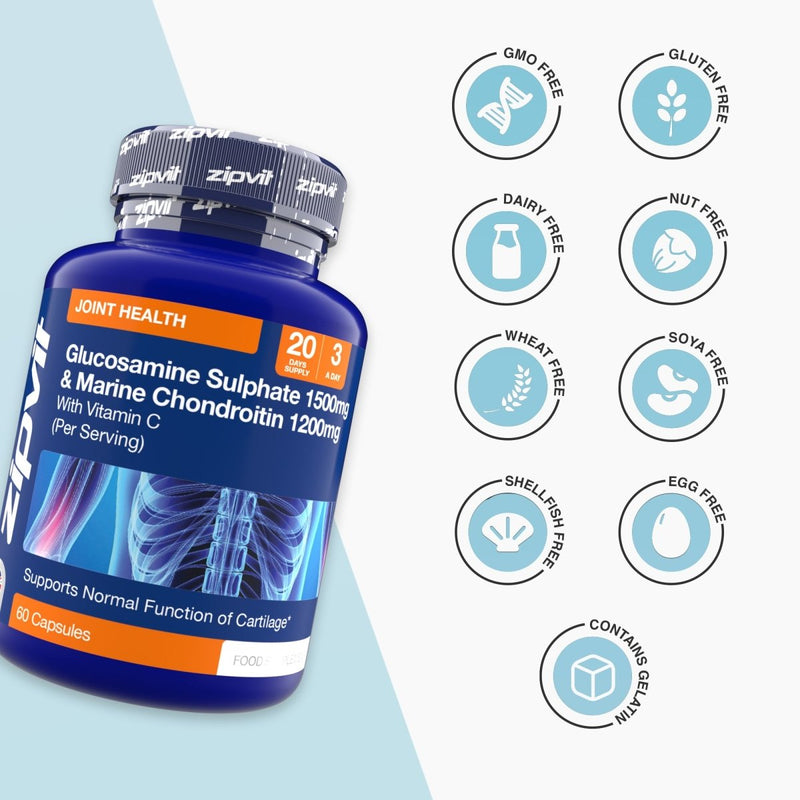 Diagonal blue bottle of Glucosamine Sulphate 1500mg and Marine Chondroitin 1200mg with GMO free gluten free dairy free nut free icons to the right.