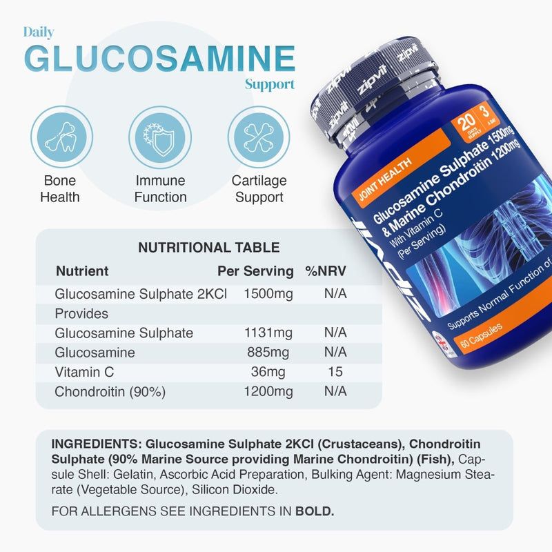Blue bottle labeled Glucosamine Sulphate 1500mg and Marine Chondroitin 1200mg with vitamin C beside cartilage and joint health icons.
