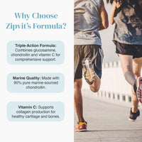 Why Choose Zipvit Formula infographic with three benefits beside the Glucosamine Sulphate and Marine Chondroitin bottle