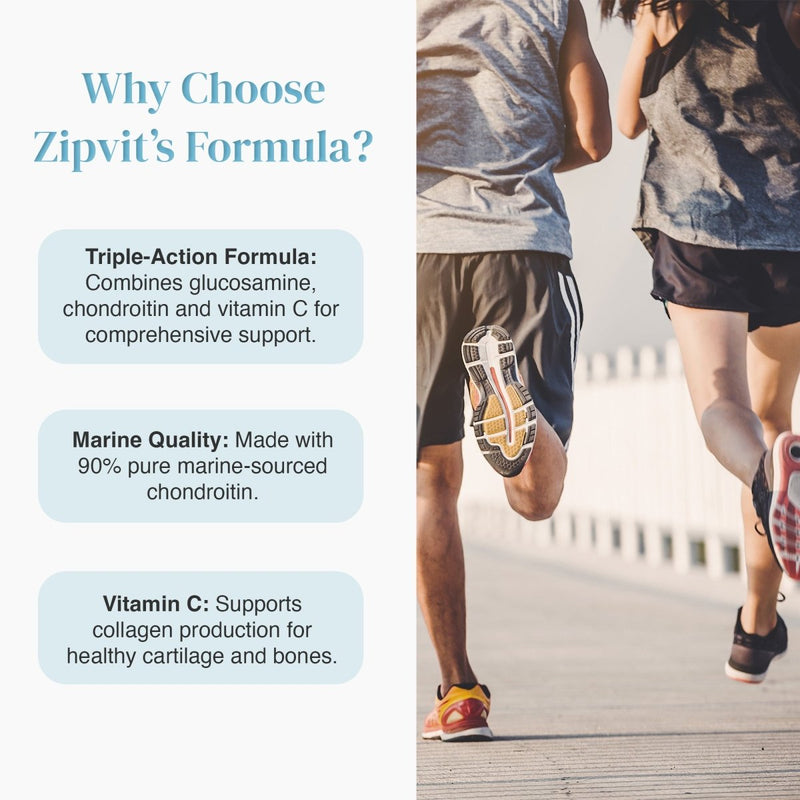 Why Choose Zipvit Formula infographic with three benefits beside the Glucosamine Sulphate and Marine Chondroitin bottle
