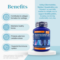 Benefits infographic beside the joint health bottle listing collagen support, healthy bones, oxidative protection, and immune support