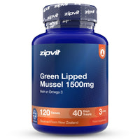 A blue plastic bottle of zipvit Green Lipped Mussel 1500mg food supplement, containing 120 tablets, on a white background.