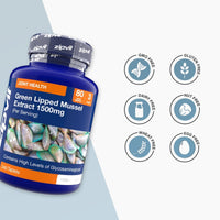 Blue bottle labeled Green Lipped Mussel Extract 1500mg joint health with mussel image on the label and dietary icons.