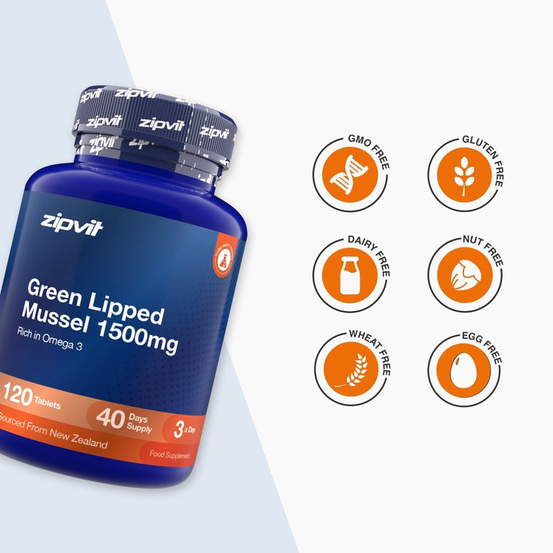 A blue bottle of zipvit Green Lipped Mussel 1500mg dietary supplement shown on a light gray background with six orange circular badges indicating product attributes like GMO Free, Gluten Free, Dairy Free, Nut Free, Wheat Free, and Egg Free.