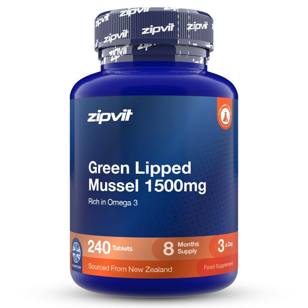 A blue plastic bottle of zipvit Green Lipped Mussel 1500mg dietary supplement, containing 240 tablets, on a white background.