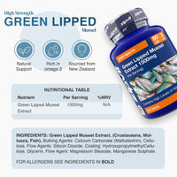 Blue bottle labeled Green Lipped Mussel Extract 1500mg with images of mussels on the label