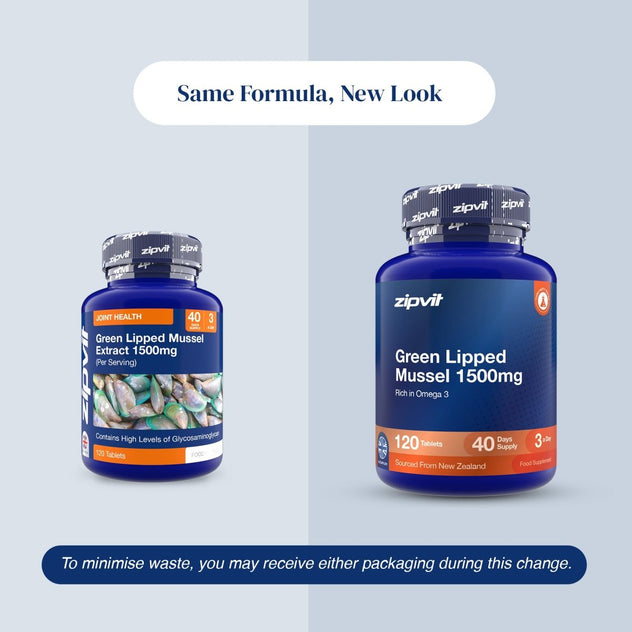 Two blue supplement bottles of zipvit Green Lipped Mussel Extract 1500mg shown on a light gray background with text reading 'Same Formula, New Look' and a note about minimizing waste.