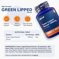 A bottle of zipvit Green Lipped Mussel 1500mg dietary supplement shown on a light gray background with product information, icons, and a nutritional table.