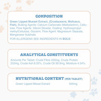 Product label with green lipped mussel extract composition, analytical constituents, and nutritional content on a light background.