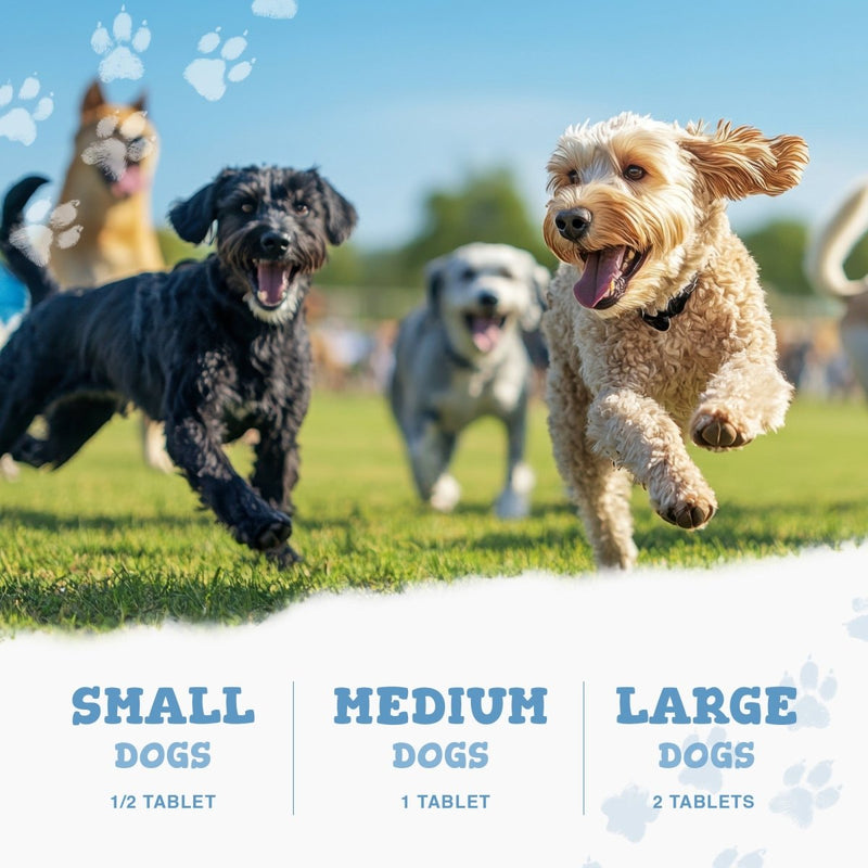 Three dogs of different sizes running on grass with a product label overlay.