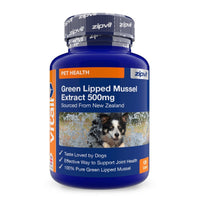 Blue bottle labeled Green Lipped Mussel Extract 500mg for dogs with a dog image on the label