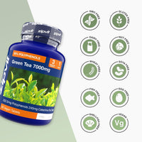 Green Tea 7000mg bottle next to ten circular badges listing GMO free gluten free dairy free nut free wheat free soy free fish free egg free shellfish free and vegan.