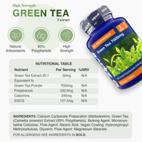 Green Tea 7000mg bottle with three circular icons highlighting natural antioxidants 95 polyphenols and high strength.