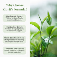 Infographic highlighting Green Tea 7000mg benefits with rounded feature pills beside a tea plant photograph.