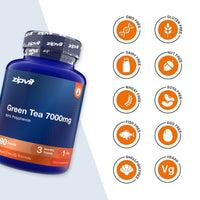 A bottle of zipvit Green Tea 7000mg dietary supplement on a split white and light gray background, accompanied by a column of orange circular icons indicating dietary certifications such as GMO Free, Gluten Free, Dairy Free, Nut Free, Wheat Free, Soya Free, Fish Free, Egg Free, Shell/Fish Free, and Vegan.