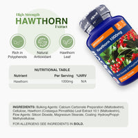 Blue Hawthorn Extract bottle labeled 1000mg tilted to the right with three green icons and a nutrition table