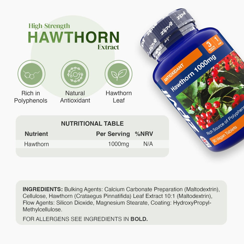 Blue Hawthorn Extract bottle labeled 1000mg tilted to the right with three green icons and a nutrition table