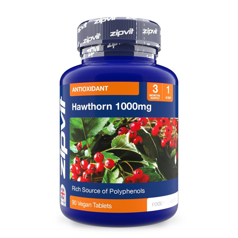 Blue Hawthorn 1000mg antioxidant supplement bottle with hawthorn berries on the label.